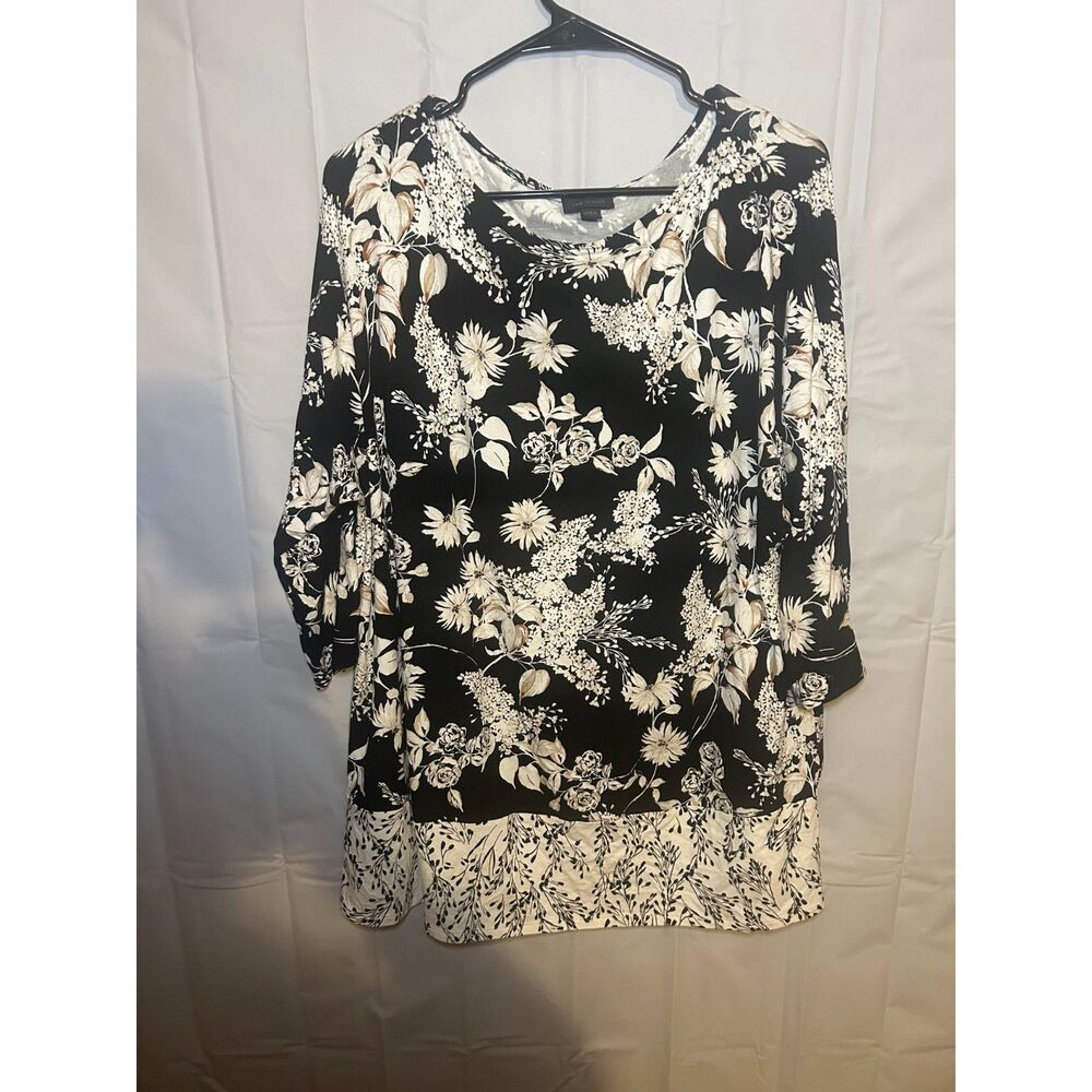 J. Jill Wearever Collection Floral Knit Tunic Top Large Petite LP Black Cream